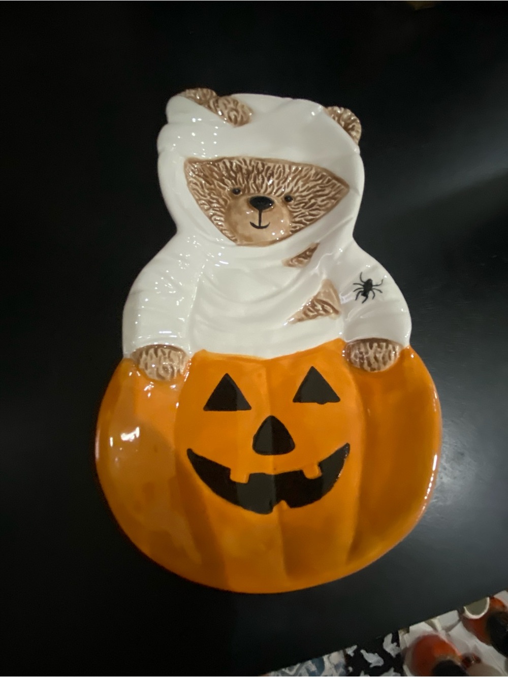 Halloween Pumpkin Bear Ceramic Dish - White & Orange
